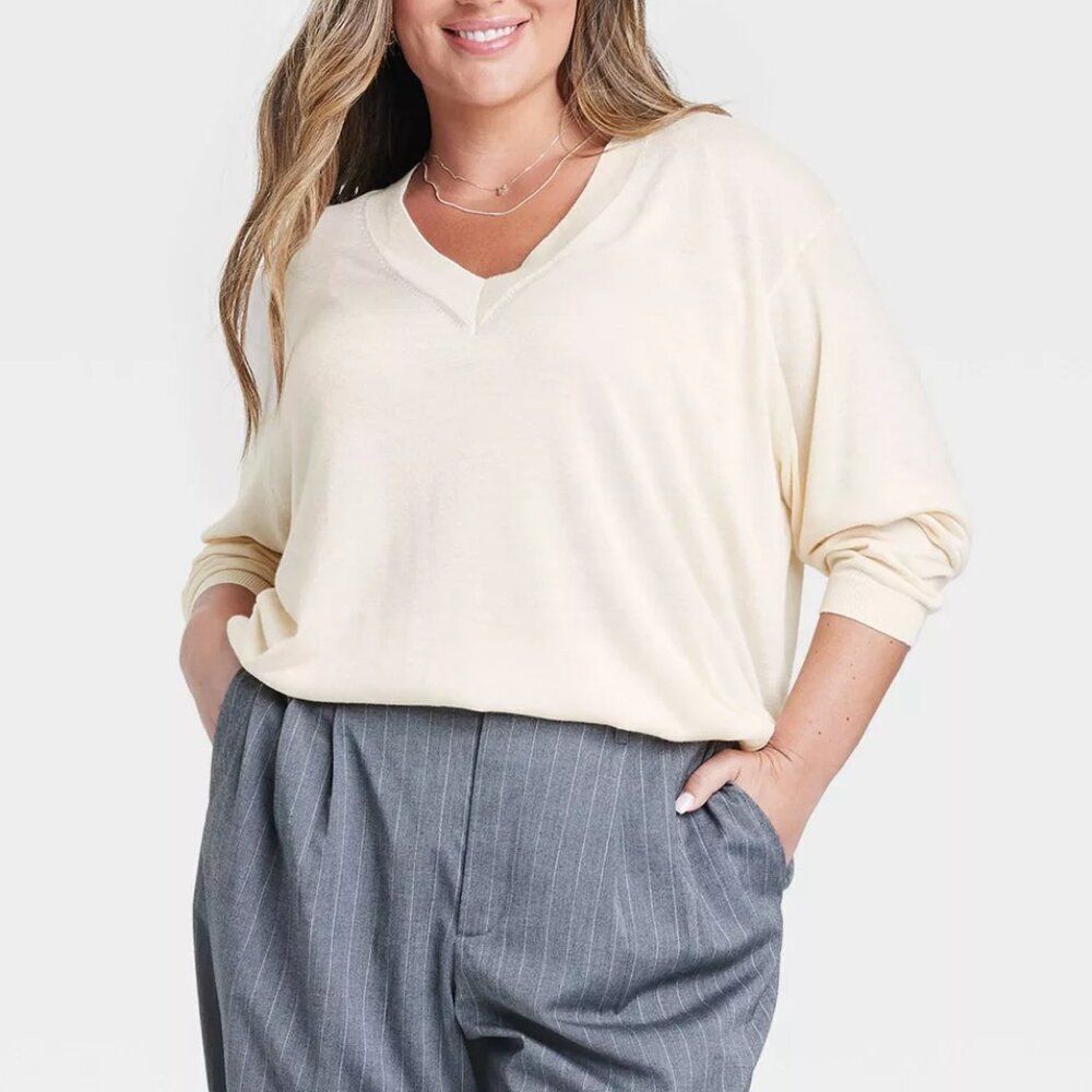 Women's Fine Gauge V-Neck Long Sleeve Sweater - A New Day (Size - M) CREAM - NEW